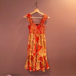 100% Cotton Fire Los Angeles Red and Orange Paisley Midi Dress